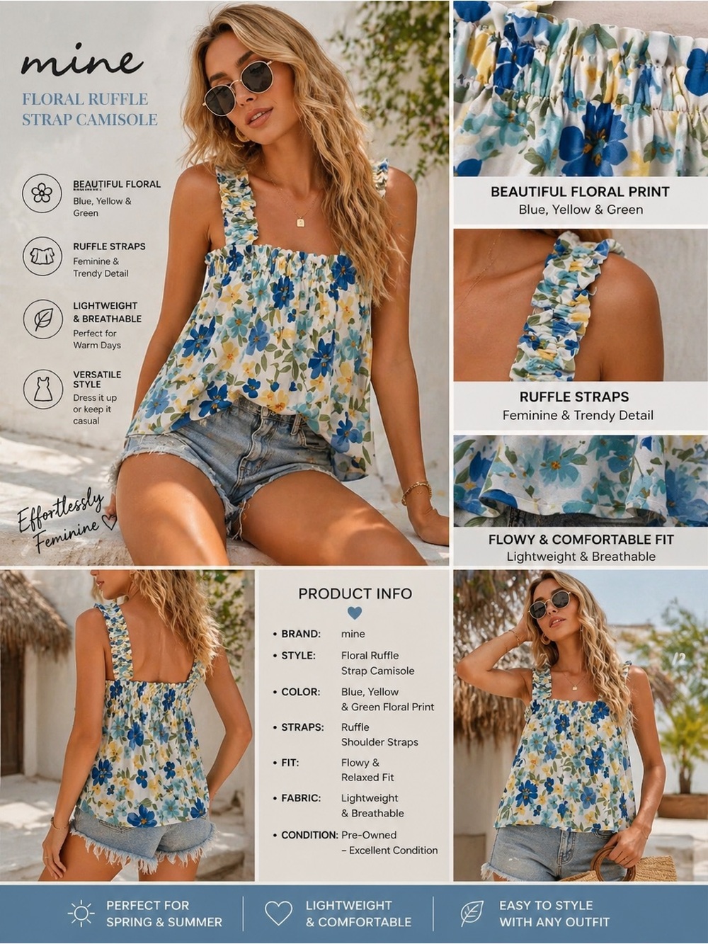 Mine Floral Ruffle Strap Camisole Top Blue Yellow Green Size XS